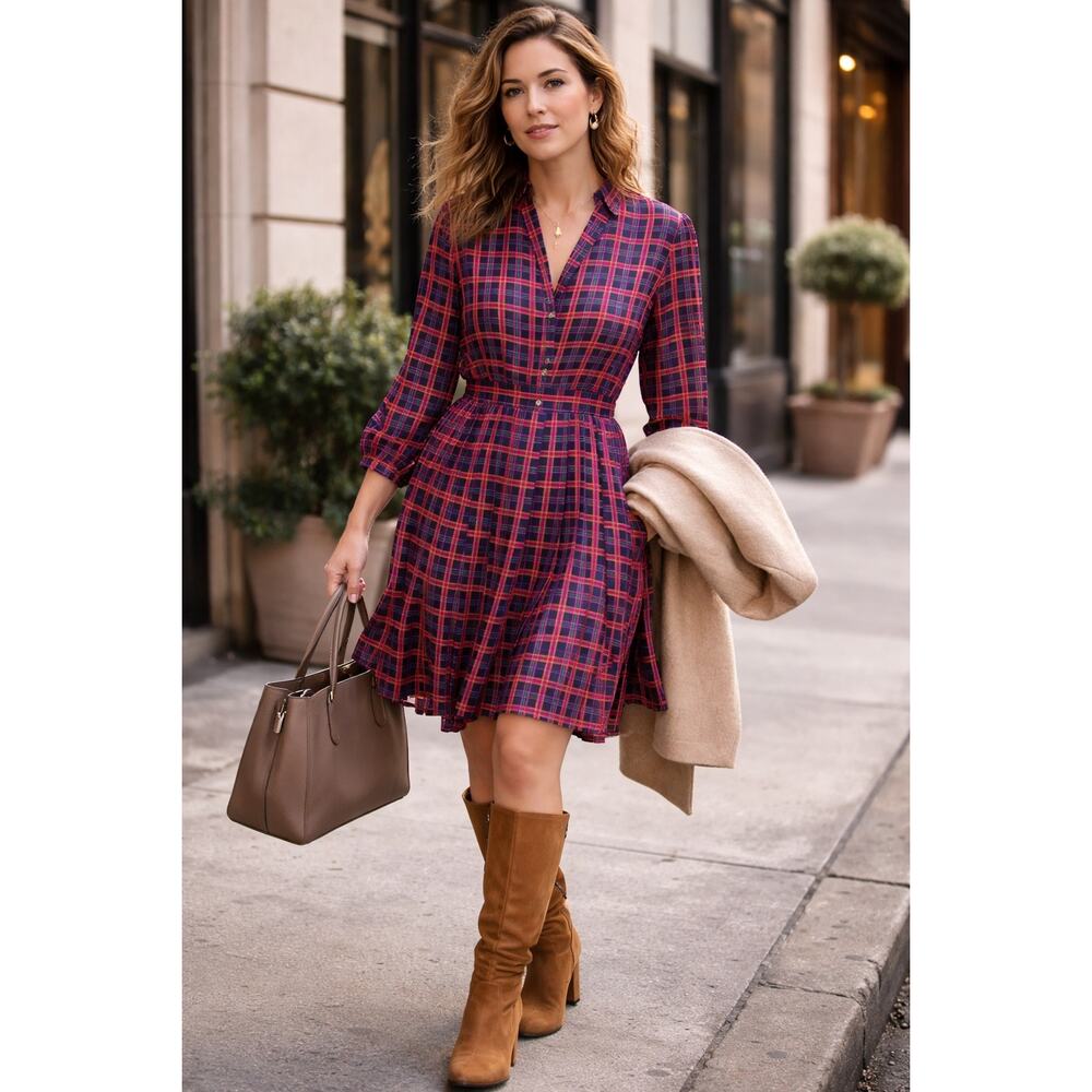 Vintage 100% Silk Plaid Shirt Dress Red Navy Jack Mulqueen Size 12 Fit Flare